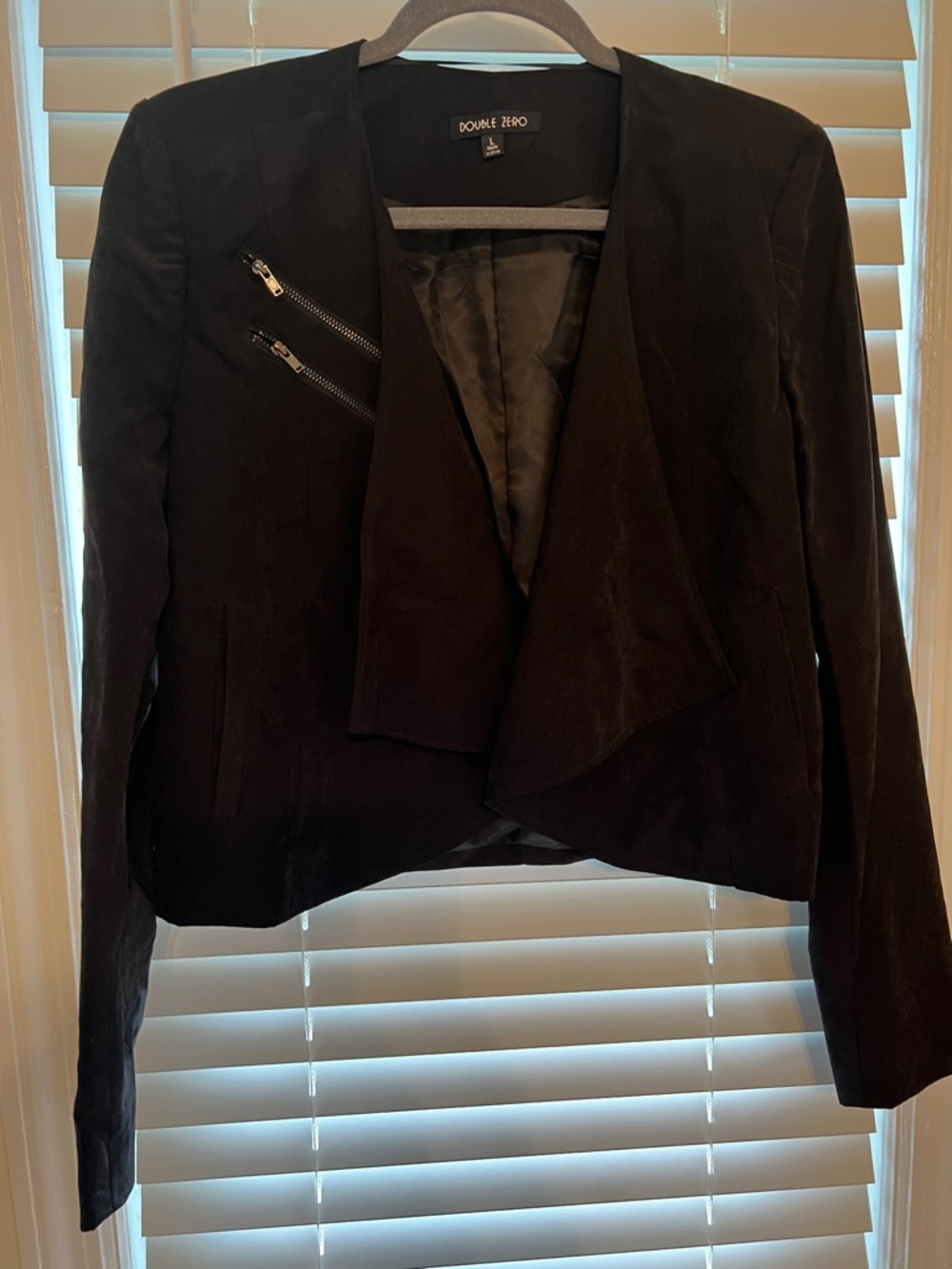 Double Zero Black Draped Open-Front Blazer with Zip Accents